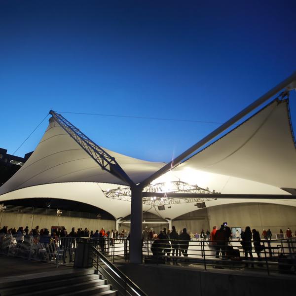 Crown Center Ice Terrace Tent with skaters at dawn